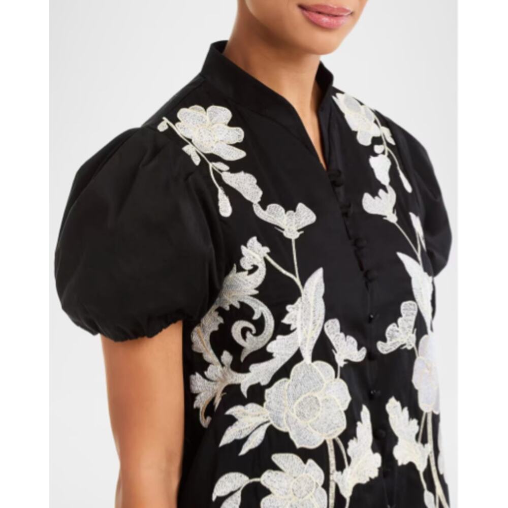 Mestiza New York Black Elliana Barong Floral Embroidered Midi Dress SZ XS NWT
